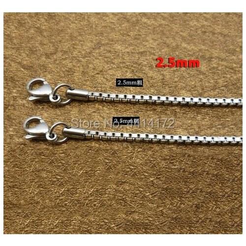 Free shipping 2.5mm silver color stainless steel necklaces square box chains fashion mens male jewelries cheap wholesale 20pcs