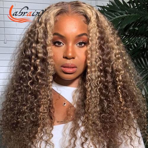 13x6 Kinky Curly HD Transparent Lace Frontal Human Hair Wigs Honey Blonde Lace Front Deep Wave Wig Brown Curly Wig Pre Plucked