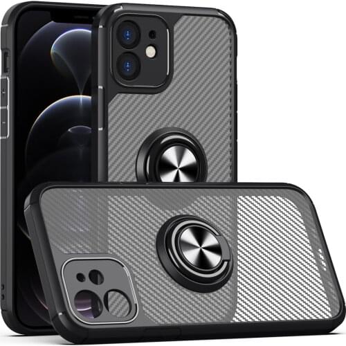 Shockproof Carbon Fiber Shell Case For iPhone 12 11 Pro XS Max XR X 7 8 Plus SE 2020 Silicone Cover Magnetic Ring Holder Stand