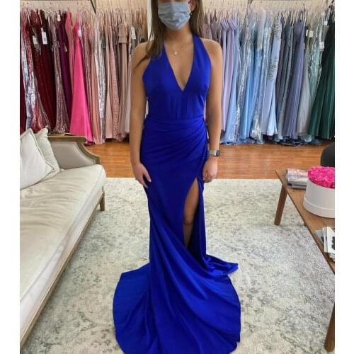 Sexy Long V-Neck Satin Evening Dresses with Slit Mermaid Royal Blue Backless Abendkleider Robes De Soirée for Women