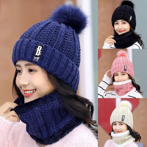 Winter Women Thick Knitted Beanie Hat warm Plush Neck Gaiter Scarf Outdoor Riding Set for outdoor shopping cycling snow skiting