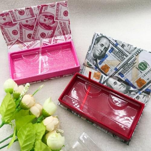 Money Eyelashes Packaging Pink Glitter Empty Rectangle Paper Lash Box Clear Tray Inside