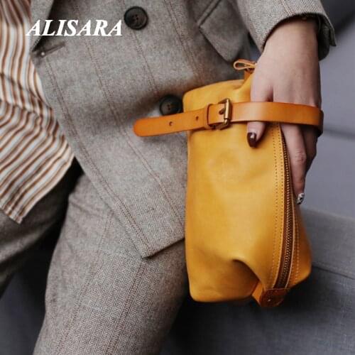 Yellow vintage clutch bag, First Layer Leather Cowhide Handmade female bag Japanese and Korean Personality Art Pack Women
