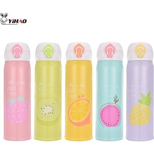 YiHAO 350ML 500ML 304 Stainless Steel Vacuum Flasks Thermoses Cup Eco-Friendly Portable Cartoon Fruit Pattern Vacuum Flasks Cups