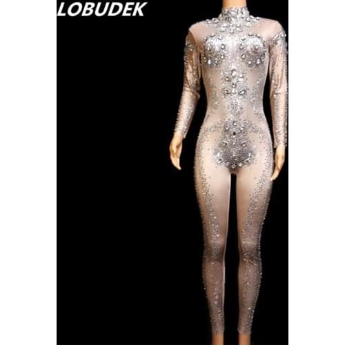 2019 Silver Rhinestones Elastic Skinny Jumpsuit Lady Singer Luxury Stage Costume Bar Nightclub Party Sexy Dance Outfit Leotard