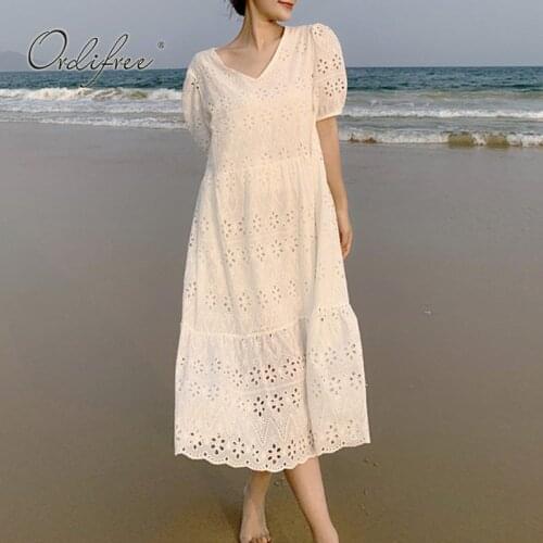 Ordifree 2021 Summer Women Embroidery Long Dress Short Sleeve Loose White Lace Sexy Vocation Maxi Tunic Beach Dress