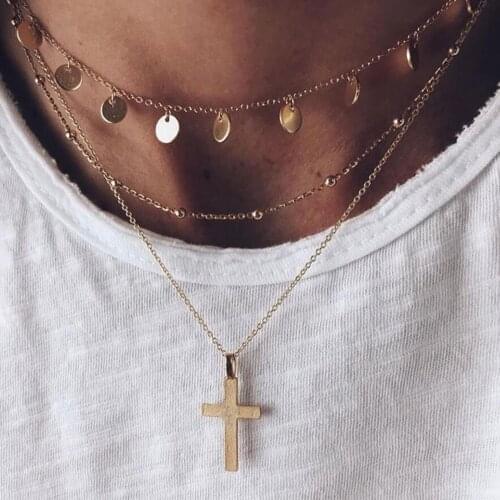 New 2020 Boho Vintage Necklaces For Women Gold Round Sequin Cross Pendant Necklace Multilayer Female Jewelry Valentine Gift