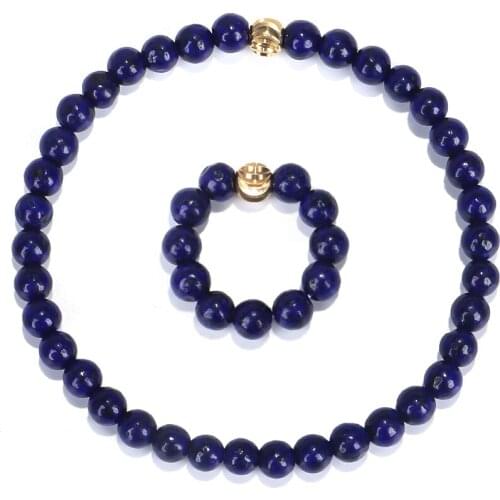 4MM Natural lapis lazuli Stone Bead Bracelets with Copper Flower Bead Ring Jewelry Set