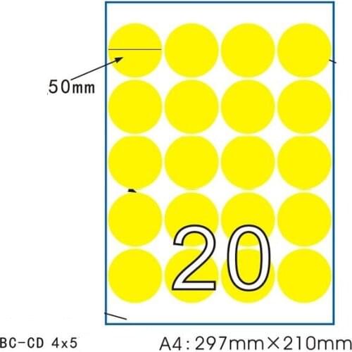 50Sheets 10/16/20/30/50mm Round Yellow Sticker Label A4 sticker Paper for Inkjet and Laser Printer