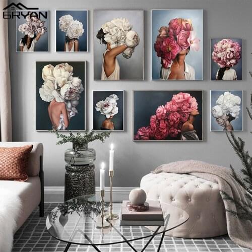Abstract Flower Head Lady Figure Canvas Print Painting Feather Women Modern Wall Art Poster Nodic Picture Living Room Home Decor
