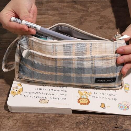 JK Plaid Style Zipper School Pencil Case Kawaii Pencil Pouch Large Capacity Office Supplies Korean Stationery for Girls Gifts