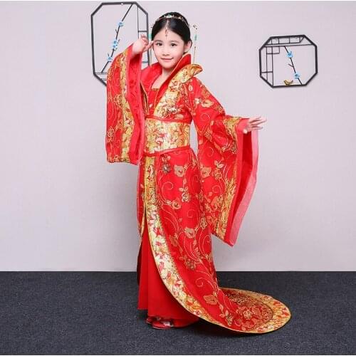 Hanfu stage costumes children costumes female Tang Dynasty emperor palace red tail embroidered princess ancient hanfu fairy