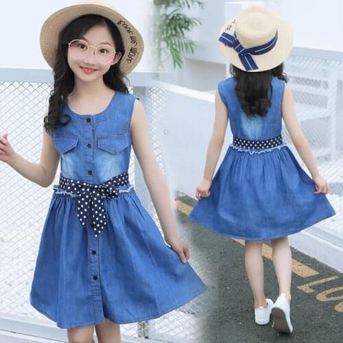 Summer 4 5 6 7 8 9 10 11 12 14 Years Old Children Kids Denim Cowboy Dress For Teenager Big Girls A-Line Dress Vestidos Clothes
