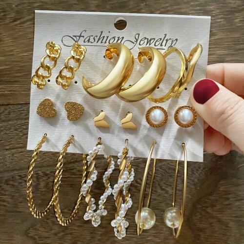 FNIO Trendy Big Pearl Drop Earrings Set For Women Fashion Gold Geometric Circle Chain Earrings 2021 NEW Set of Earrings Jewelry