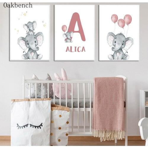 Custom Name Canvas Painting Nursery Wall Art Print Elephant Poster Balloon Paintings Nordic Wall Pictures Baby Room Decoration