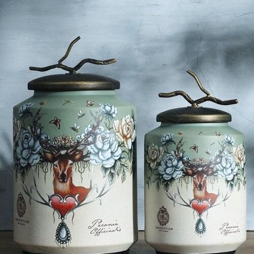 Retro Ceramics Storage Jar Painted Elk Dried Fruit Candy Jars Kitchen Grain Dispenser American Home Decoration Modern Ornaments
