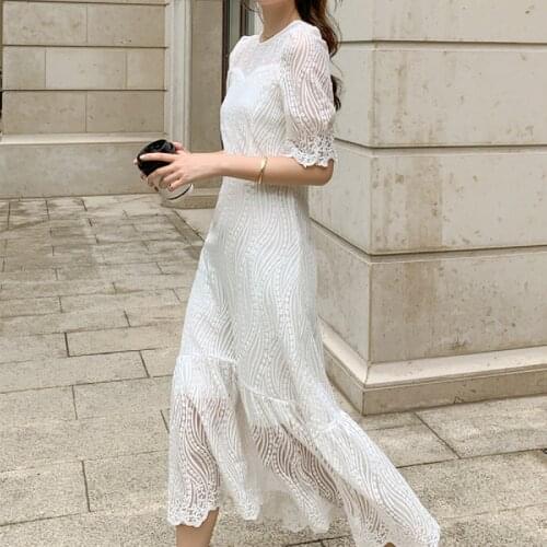Summer 2021 Runway Elegant Korean Party Night Dress Vintage Vacation Casual Dresses Women Long White Lace Wrap Dresses