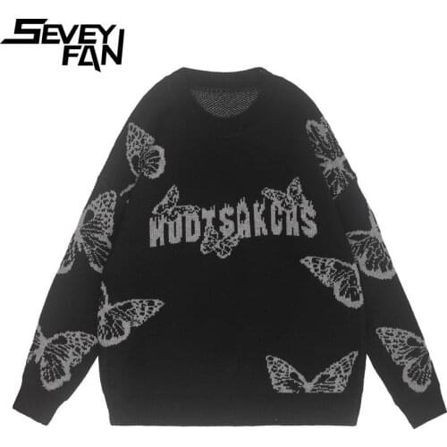 SEVEYFAN Mens Black Butterfly Sweater Hip Hop Oversize Knitwear Streetwear Pullover Sweaters for Couples