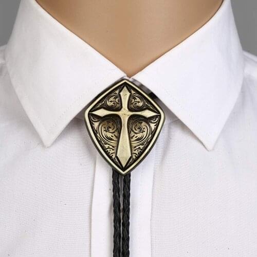 Romen shield cross pattrn bolo tie for man Indian cowboy western cowgirl leather rope zinc alloy necktie