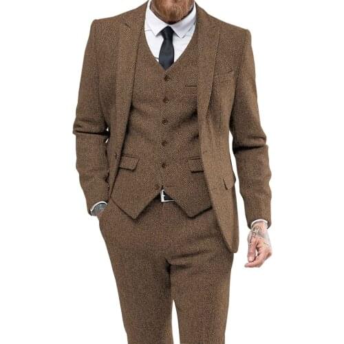 Men Suit Herringbon Casual Formal Three Piece Business Groomsmen Grey White Burgundy Lapel Tuxedos for Wedding Blazer+Pants+Vest