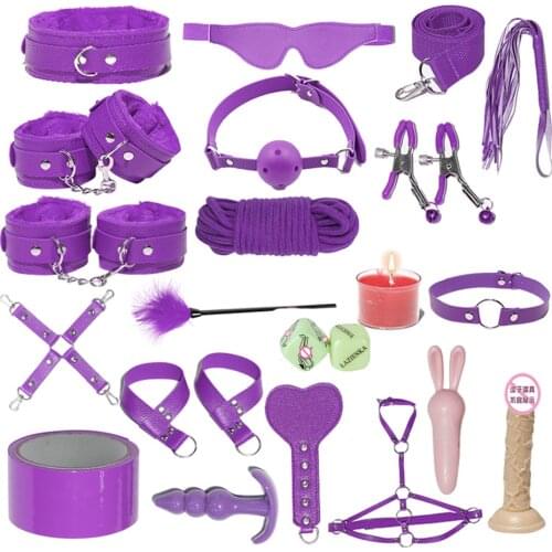 8-20pcs Adult Sexy Leather BDSM Kit Plush Sex Bondage Suit Handcuffs Whip Nipple Clamp Vibrator Ass Stuffed Rope Sex Toy Couple