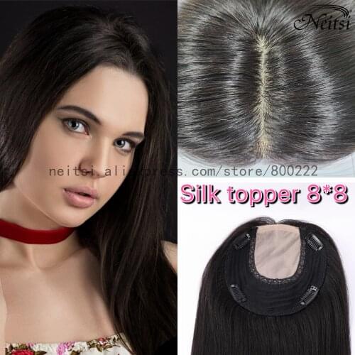 Neitsi 16-20" 8*8” Silk Base Fake Scalp Virgin Cuticle Hair Topper Wig With 4 Clips In Natural Human Hairpieces Toupee For Woman