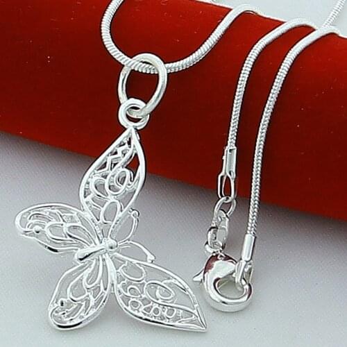 New Trendy 925 Sterling Silver Insect Butterfly Necklaces Pendants for Women Silver Snake Chain Necklace 45cm
