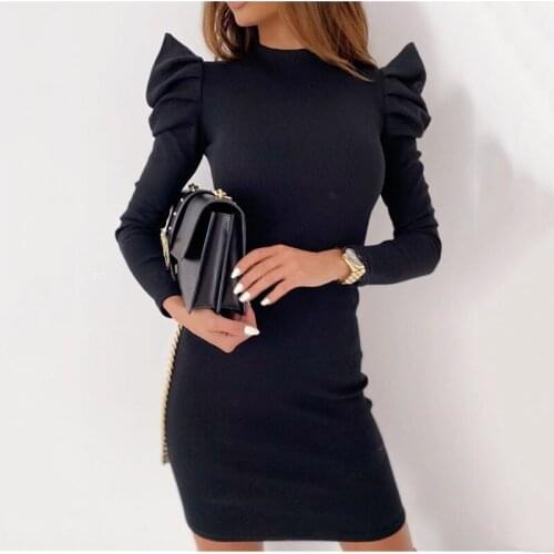 Autumn Female Casual Base All-match Knitted Dress Sexy Slim Solid Puff Sleeve Bag Hip Mini Party Nightclub Mini Womens Dresses
