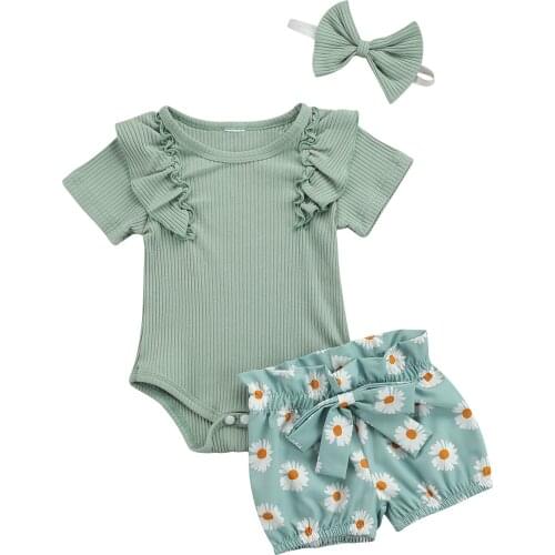 0-3Y 3pcs Baby Girls Clothes Sets Ruffles Short Sleeve Solid Romper Sunflowers Shorts Headband Summer Clothing