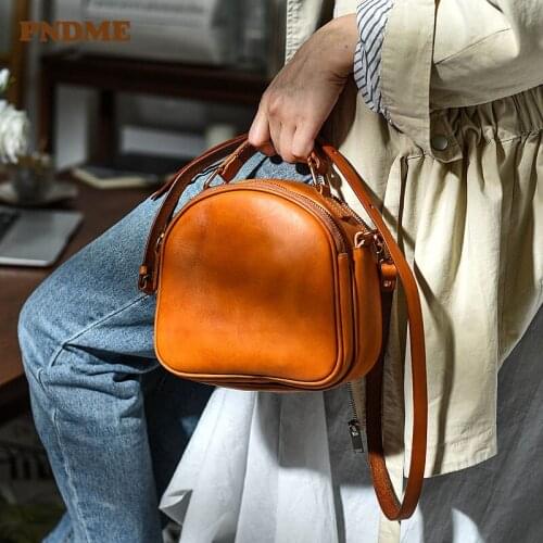 Genuine Leather retro fashion handmade bag vegetable tanned cowhide small round bag Japanese double zipper casual shoulder bag