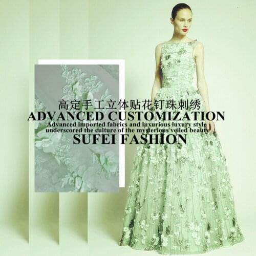 Handmade quality 130cm wide been green appique embroideried beading net lace wedding dress cheongsam fabric S171