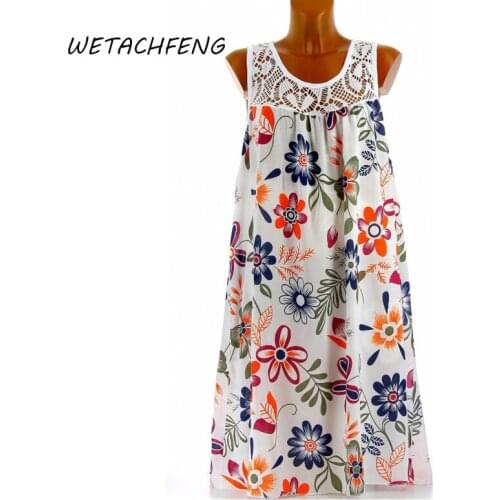 Sundresses Women Summer White Plus Size Lace Floral Printed Tunic Sleeveless Boho Beach Ladies Mini Dress 2021 Casual Clothing