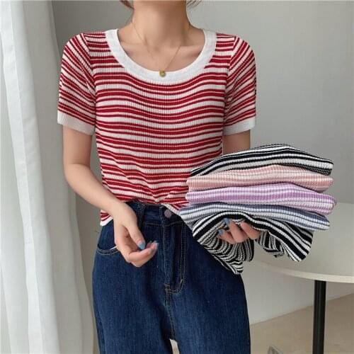 Harajuku Thin Knitted Tee Shirt Femme 2021 Summer Casual Striped T-shirt Women Cotton Short Sleeve Tshirts Japanese Crop Tops