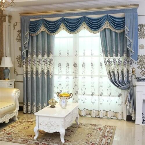 Blue European and American high quality velvet embroidery living room curtain embroidery for bedroom hotel kitchen