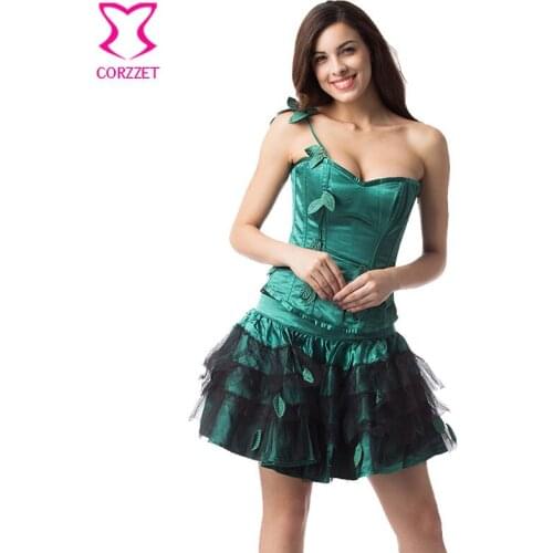 Green Satin With Leaves Appliques Sexy Corset Dress With Skirt Gothic Burlesque Dresses Corsets And Bustiers Plus Size Dress 3XL