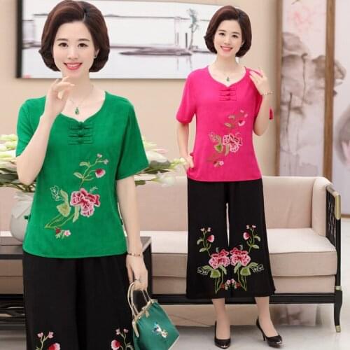 Womens Summer Suits Chinese Style Short Sleeve Embroidered T-shirt Wide Leg Pants 2 Pcs Pants Suit Middle-aged Mother Clothing