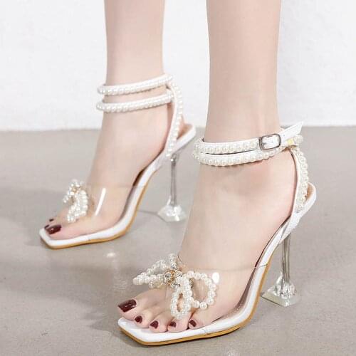 Western Style Womens Shoes Fashion Temperament Elegant White Pearl Rhinestone Bow Bandage Transparent High Heels