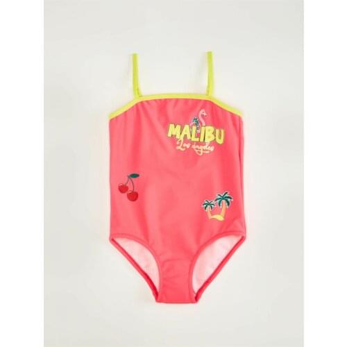 Female Child Neon Pink Yellow Halter Printed Swimwear