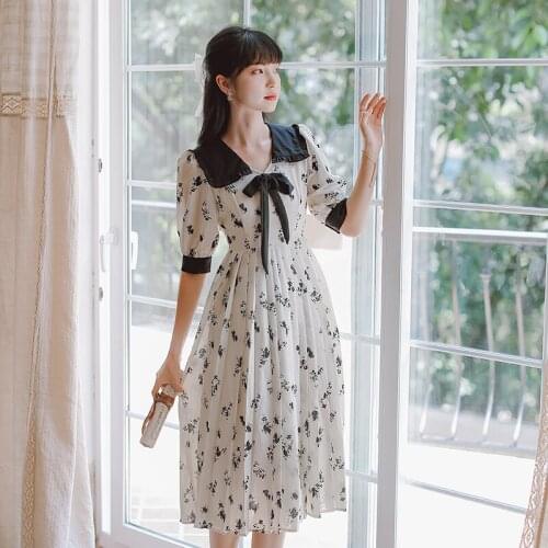French Chiffon Floral Retro Vestido Lady Bowknot Ruffle Lapel Sweet Cute Dress Vintage Romantic Pleated Maxi Dress