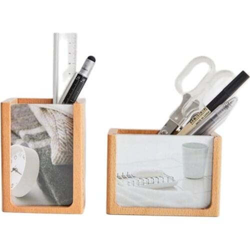Wooden Pen Holder with Photo Frame Desk Stationery Organizer Beech Handmade Pencil Cosmetics Holder Органайзер канцелярский