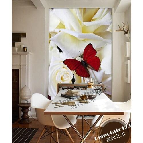 Fantasy3d white roses red butterfly living room sofa living room bedroomTV background wallpaper murals Custom Size