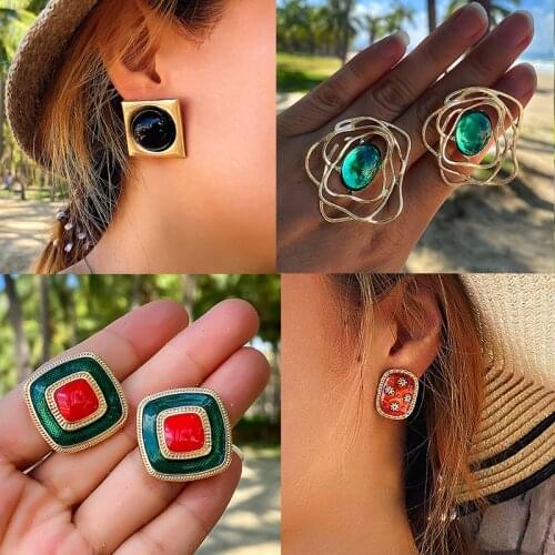 HuaTang Luxury Pearl Stud Earrings for Women Girls Charming Colorful Dripping Oil Earrings Hollow Flower Weddings Jewelry Gift