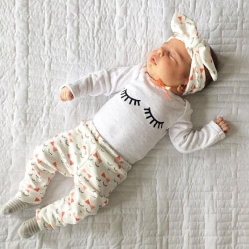 Newborn baby clothes set Baby boys Meisje Kinderen Eyelashes Print Cute baby T-shirt + trousers + hair accessories 3 Stks sets