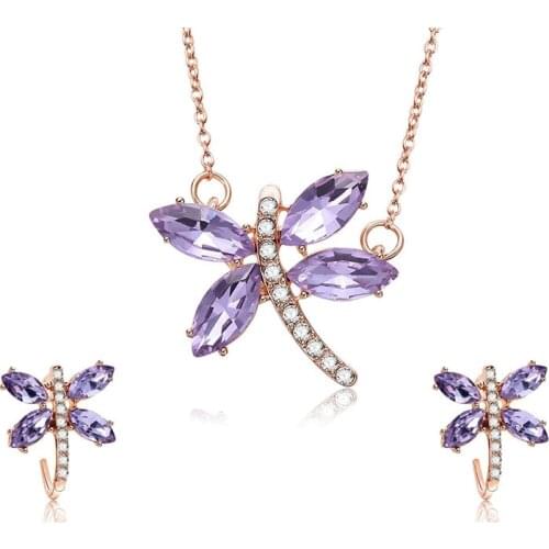 HC Fashion Purple Crystal Cute Pendant Women Girl Jewelry Set Lovely Dragonfly Earrings Necklace Kid Children Gift Jewelry Set T