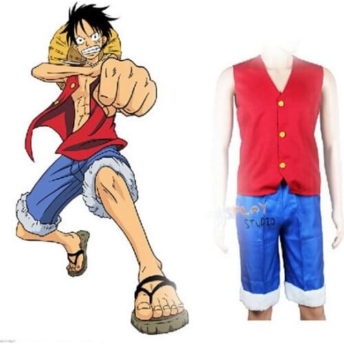 Japanese One Piece Cosplay Set Anime Monkey D Luffy Vest & Pants Red Waistcost Blue Shorts Man Trousers