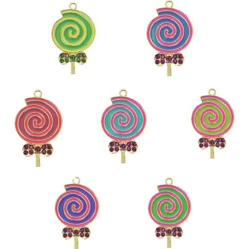 Colorful Crystal Enamel Lollipop Pendant Necklace Rhinestone Lollipop For Kids DIY Tiny Charm Pendant