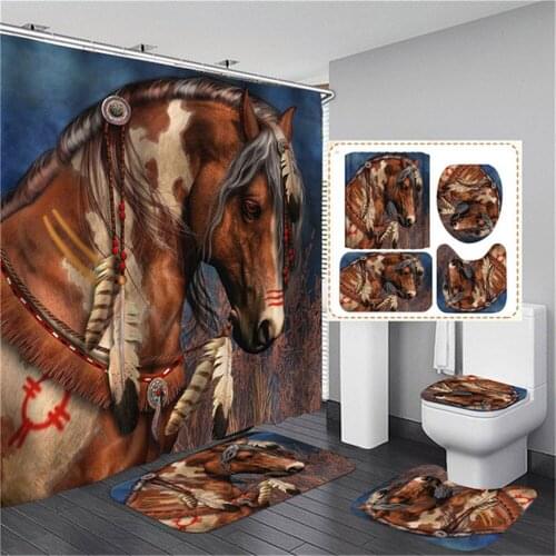 Running Horse Print Bathroom Set Shower Curtain with Anti-slip Bathing Mat Doormat Toilet Lid Cover Home Kitchen Carpet