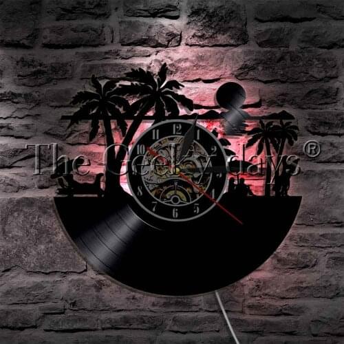 Summer Sunny Beach Wall Watch Decor LED Hanging Lamp Beach Scenery Surfing Vinyl Record Wall Clock Summer Sunset Gift