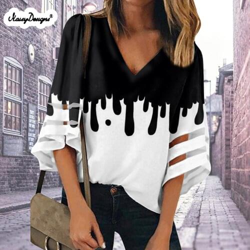 Noisydesigns 2020 Summer Women Blouse Tunic Lady Milk Prints Chiffon V-Neck Tops Shirts Grils Mujer Dropshipping Wholesale 2xl
