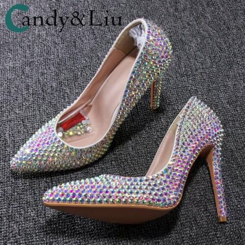 Crystal Shoes Colorful Rhinestone Pointed Toe Party Dress Perform Bright Glittering Sexy Ladies Pumps Female Super High Heels